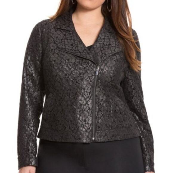 Lane Bryant Blazer Jacket Black Lace Overlay Asymmetrical Zip Coat Woman Size 26 - Picture 14 of 14